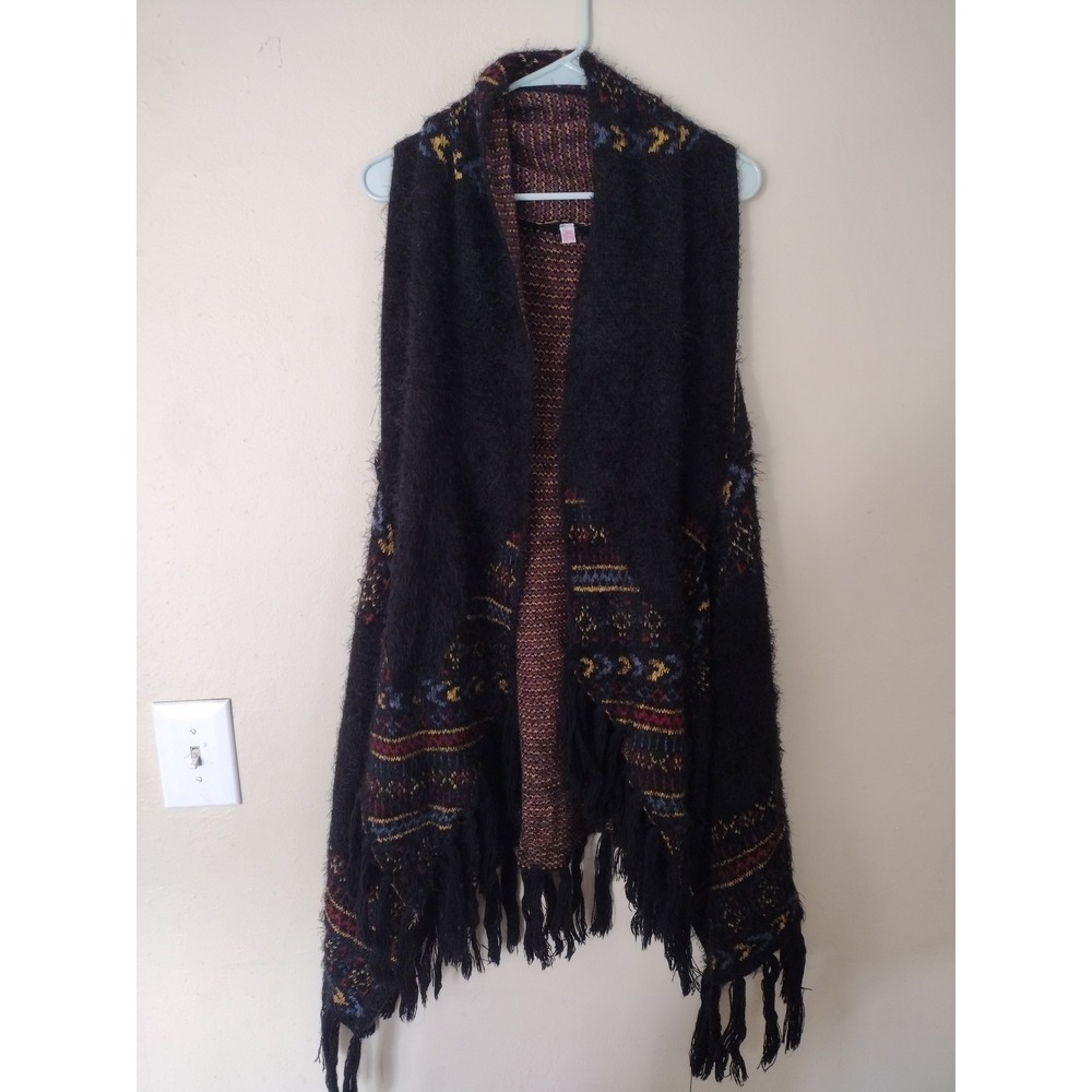 Boho Fair Isle Fringe Knit Vest Black‎ Wool Blend Open Front Cardigan One Size